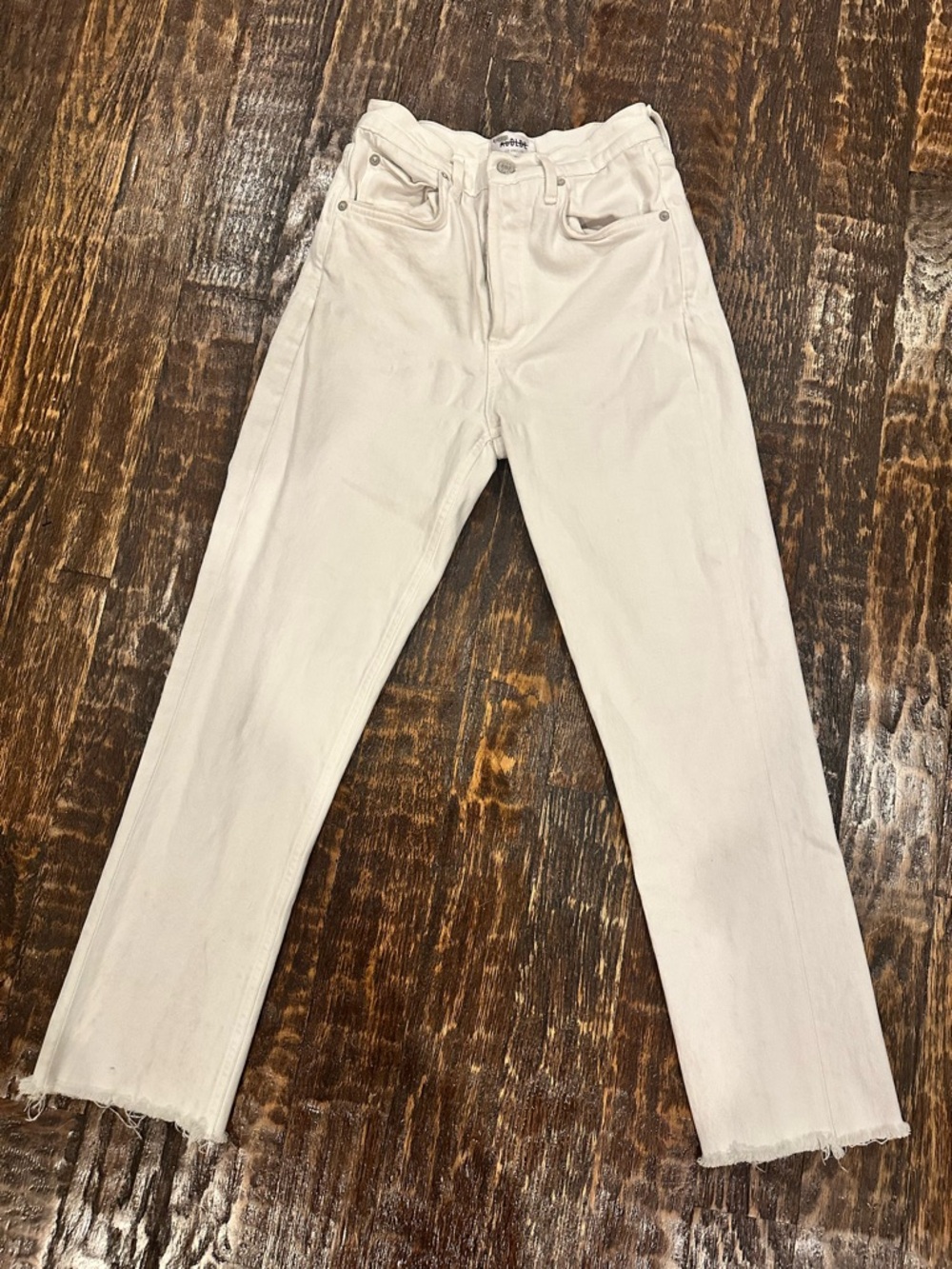 Agolde white High-Rise Riley Straight Jeans with frayed bottoms